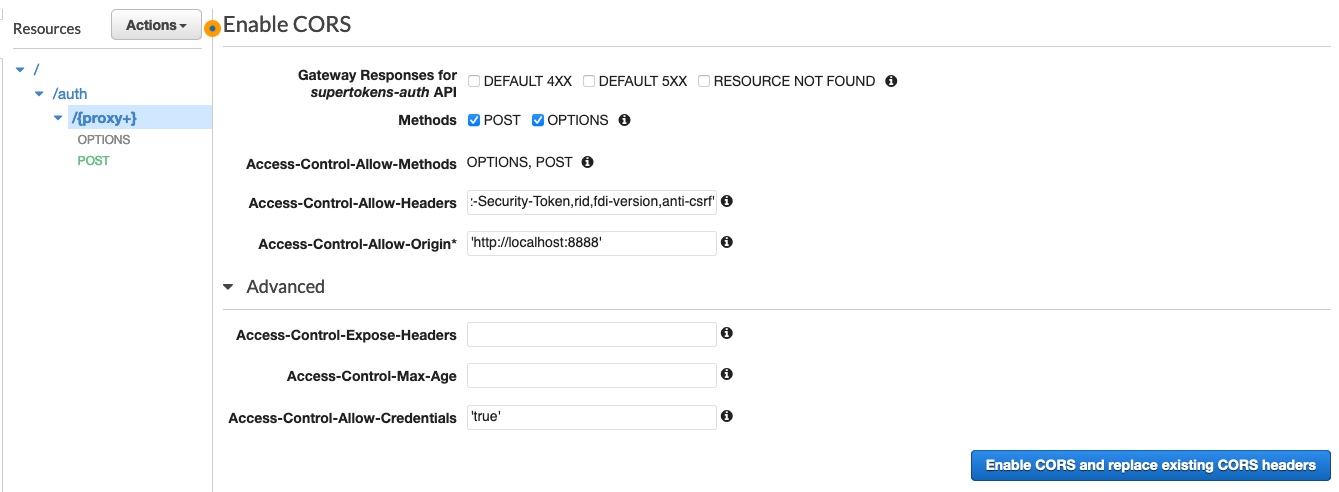 Enabling CORS for the proxy path in AWS API Gateway